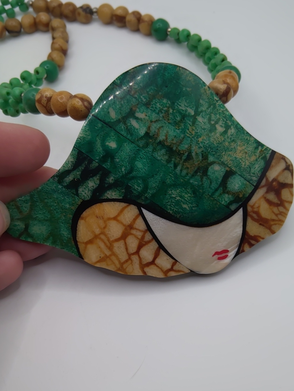 Tiger Coral and Mother Of Pearl Inlay Face Pendant Necklace - Picture 3 of 7